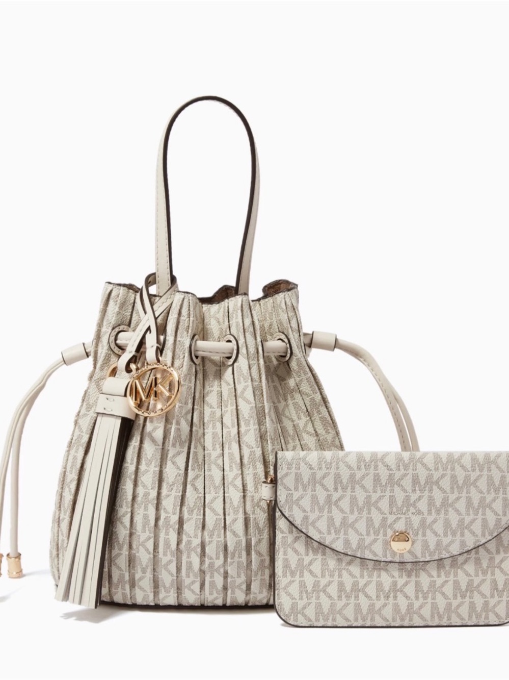 Michael Kors Cream Textured Mini Drawstring Bucket Bag with Top Handle